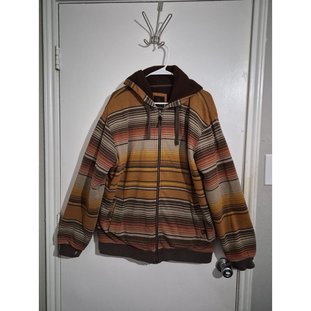 prAna‎ Mens Tollak Hooded Fleece Jacket Sz XL Striped Outdoors Hiking Thumbholes